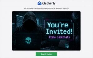 hooded figure creating an e-invite to illustrate Beware of Scam Party Invitations from Hijacked Accounts