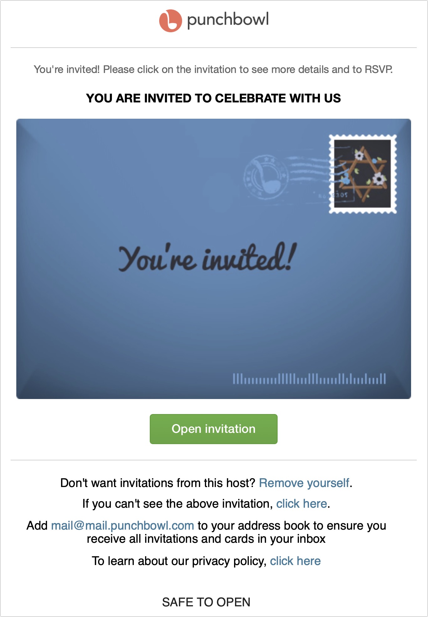 a fake e-vite invitation featuring a blue envelope with the words "you're invited" that's actually a scam