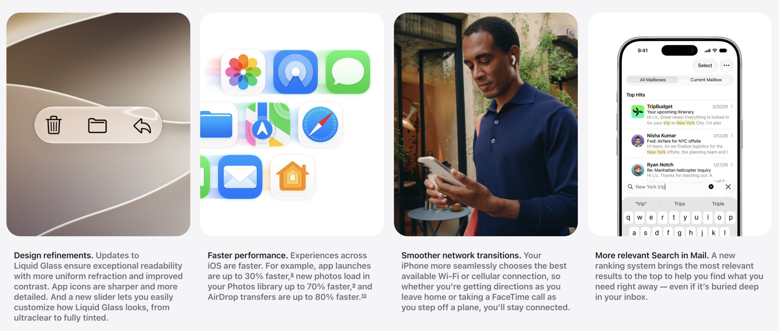 graphic illustrating new OS design refinements, faster performance, smoother network transitions, more relevant search in Mail. | AustinMacWorks.com