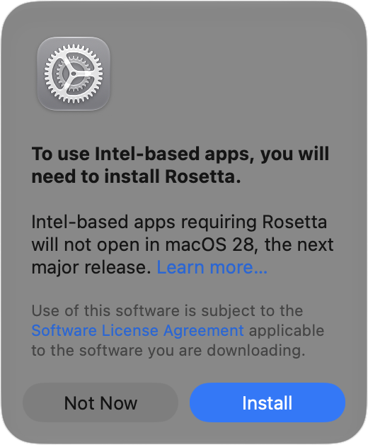 Screen grab to use intel-based apps, you will need to install Rosetta. | AustinMacWorks.com